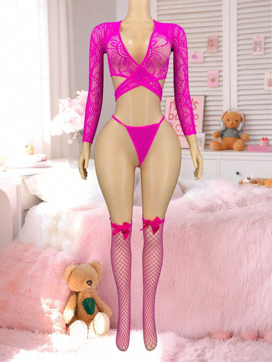 SHEIN PetitDoll مجموعة 4 قطع ملابس داخلية بوديسوت شبك وجوارب