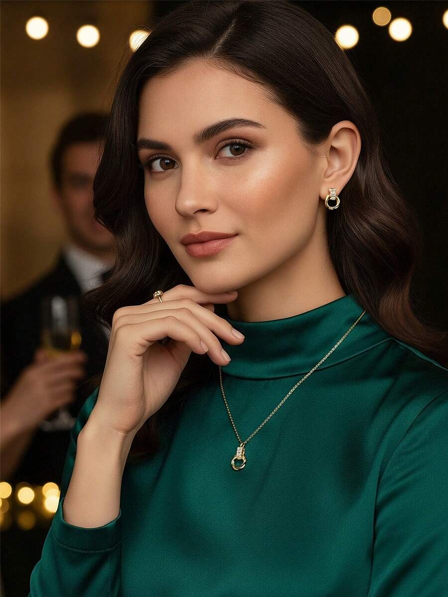 SHEIN طقم 3 قطع قلادة وأقراط دائري بفصوص الراين