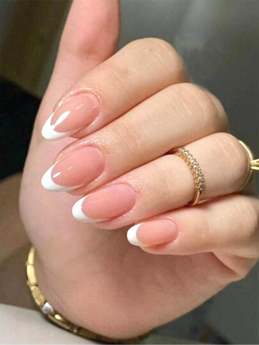 SHEIN YINZIJIA أظافر صناعية 10 قطع لوزية قصيرة بتصميم فرنسي وردي