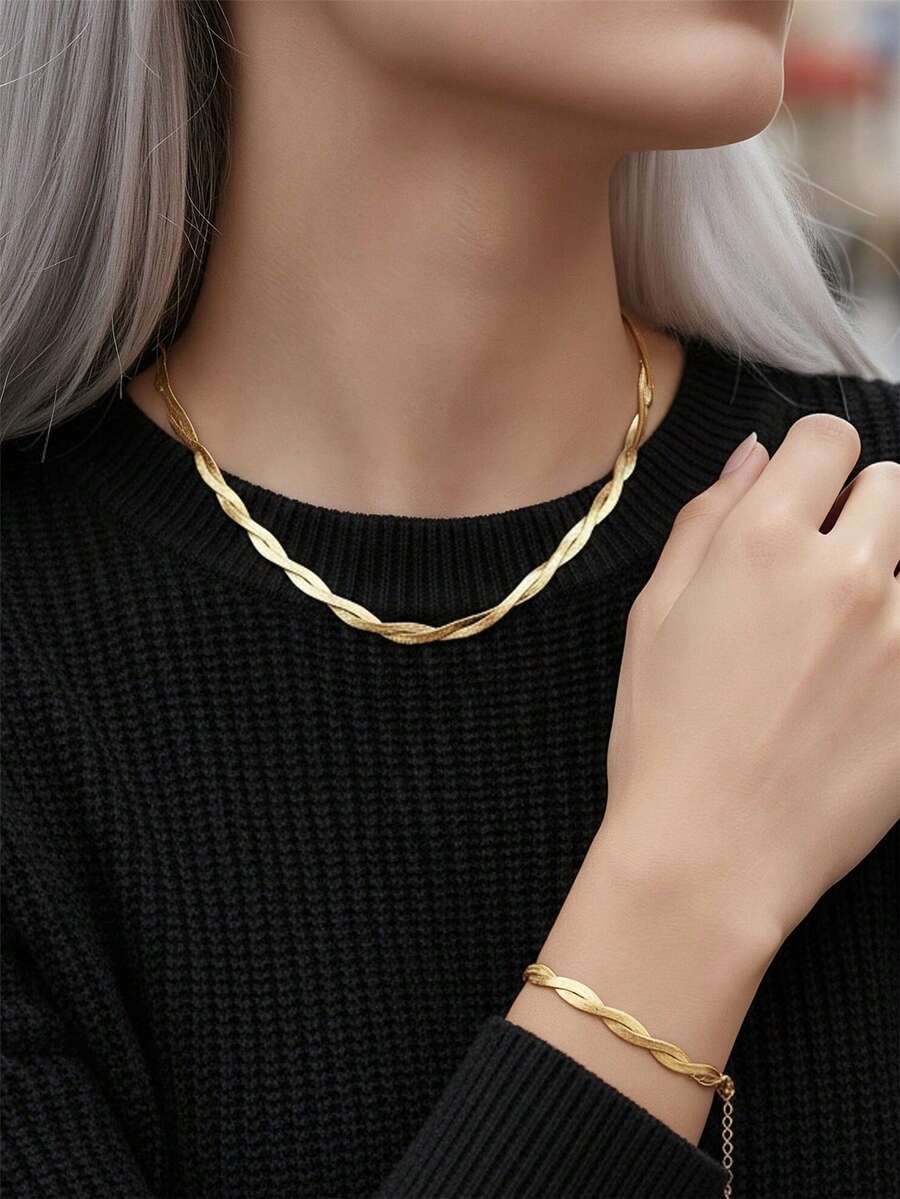 SHEIN مجموعة قلادة وسوار بتصميم متقاطع من الفولاذ المقاوم للصدأ
