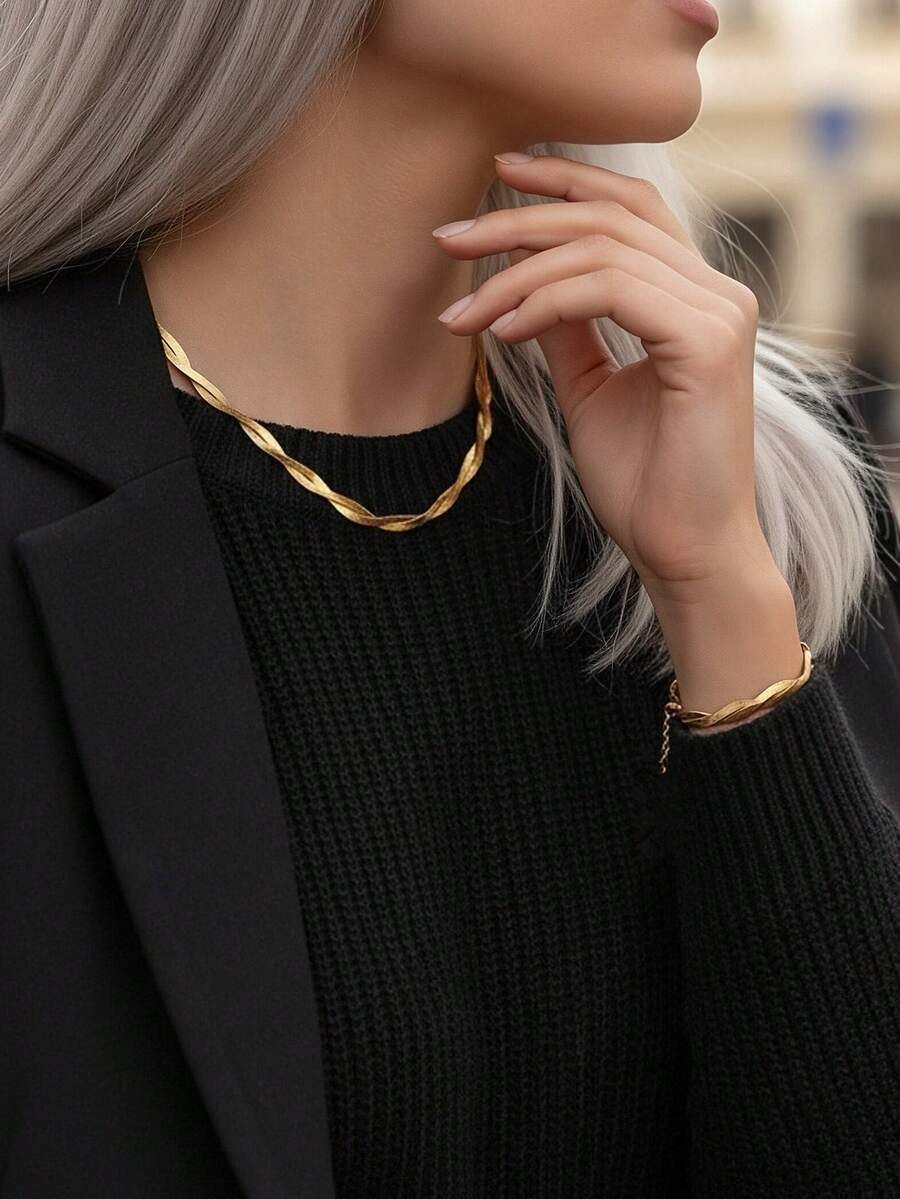 SHEIN مجموعة قلادة وسوار بتصميم متقاطع من الفولاذ المقاوم للصدأ