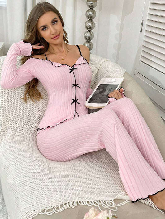 SHEIN طقم بيجامة وردي 2 قطعة محبوك