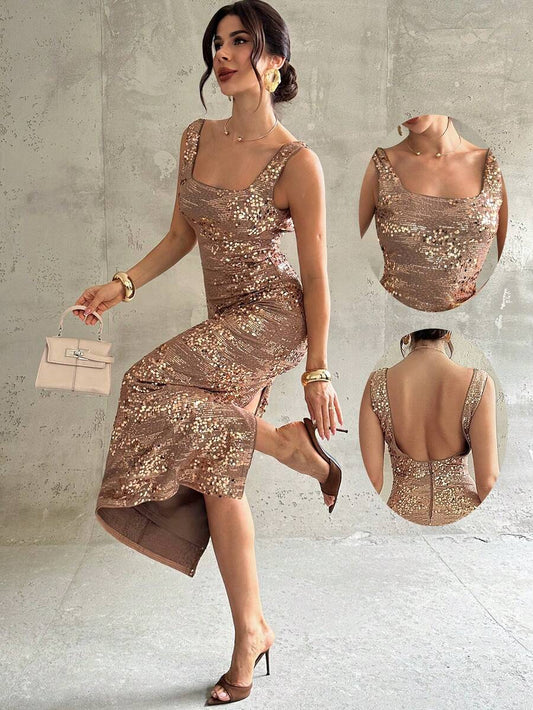 SHEIN Firerie فستان بظهر مكشوف مرصع بالترتر بدون أكمام