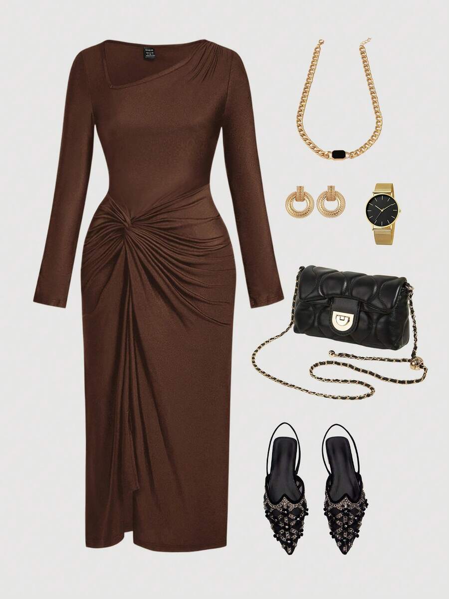 SHEIN MOD فستان بني طويل بياقة غير متماثلة مطوي ملفوف
