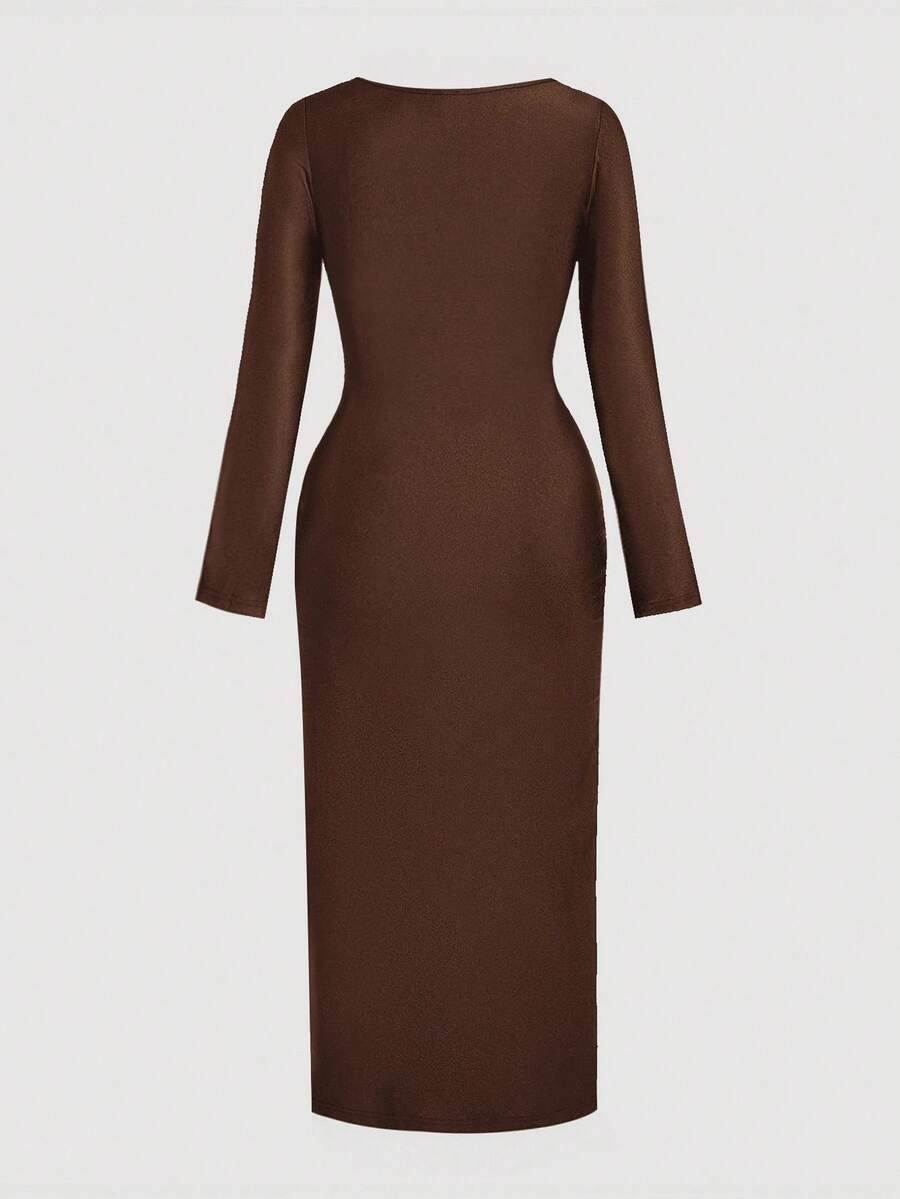 SHEIN MOD فستان بني طويل بياقة غير متماثلة مطوي ملفوف