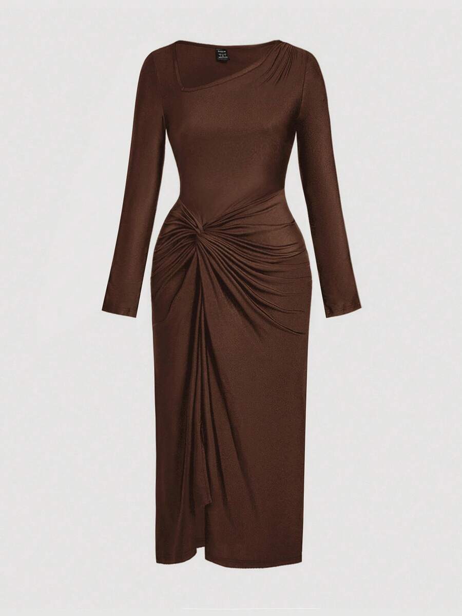 SHEIN MOD فستان بني طويل بياقة غير متماثلة مطوي ملفوف