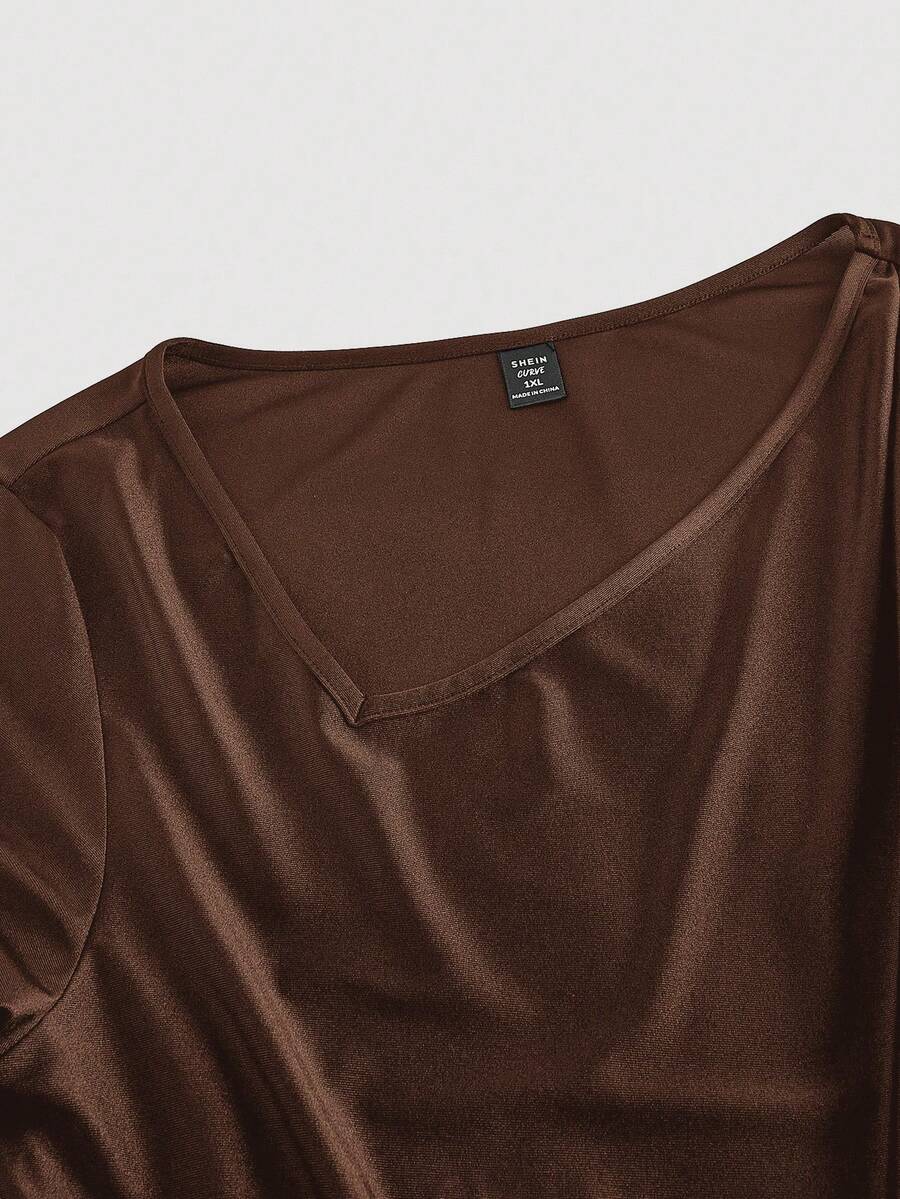 SHEIN MOD فستان بني طويل بياقة غير متماثلة مطوي ملفوف