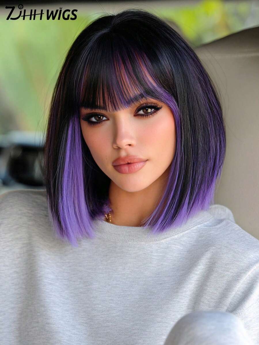 SHEIN باروكة شعر مستقيم 12 بوصة مع لمسة بنفسجية