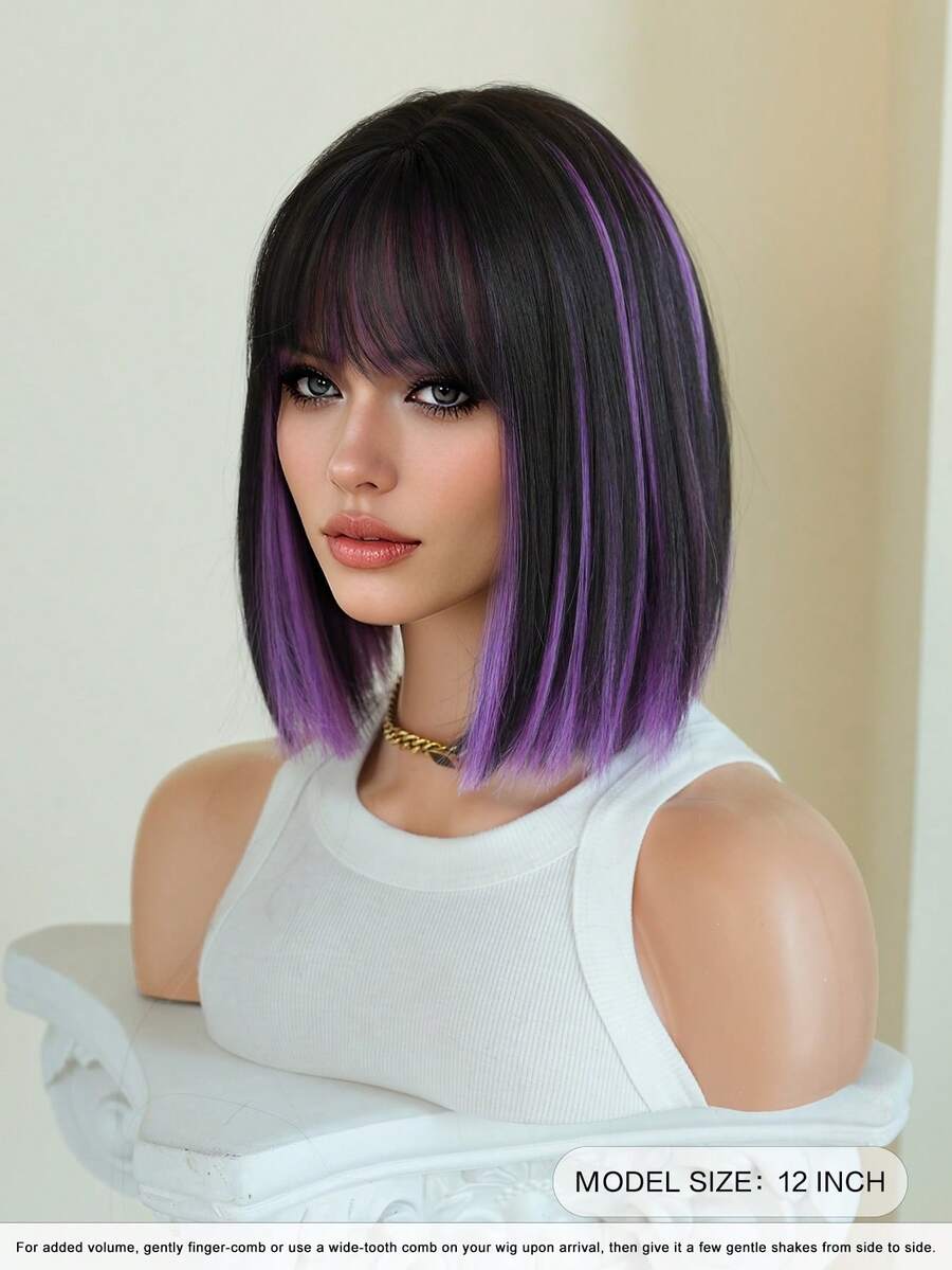 SHEIN باروكة شعر مستقيم 12 بوصة مع لمسة بنفسجية