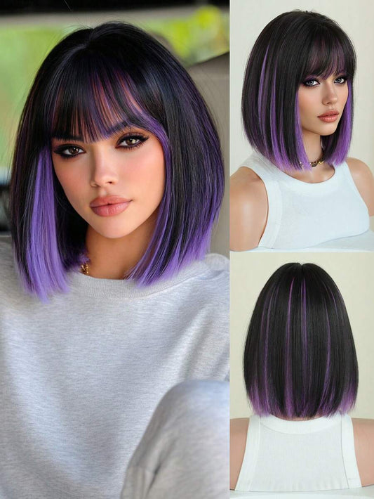 SHEIN باروكة شعر مستقيم 12 بوصة مع لمسة بنفسجية