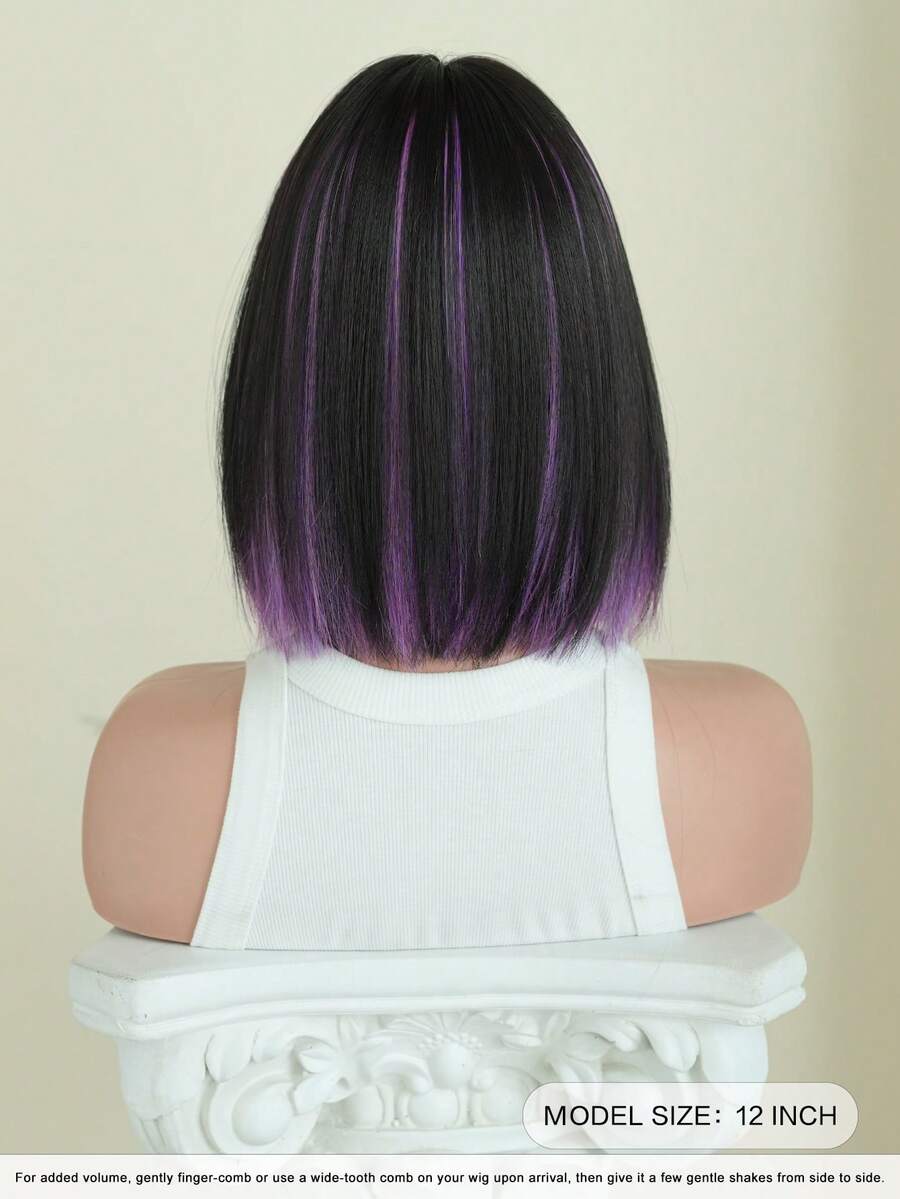 SHEIN باروكة شعر مستقيم 12 بوصة مع لمسة بنفسجية