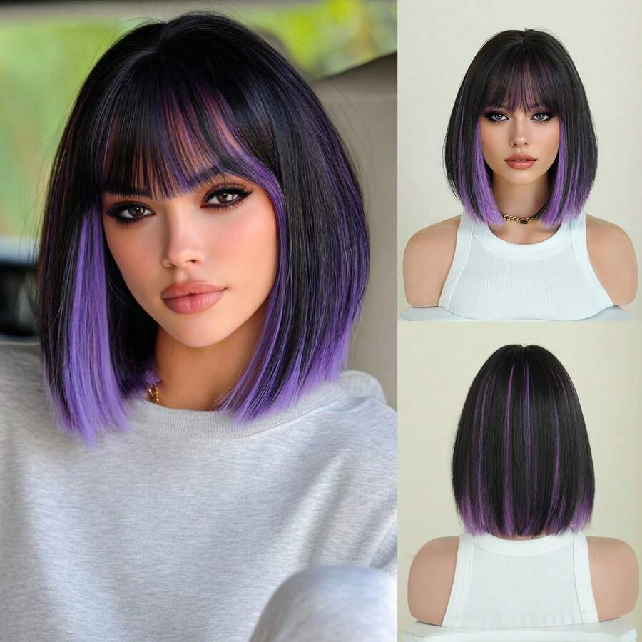 SHEIN باروكة شعر مستقيم 12 بوصة مع لمسة بنفسجية