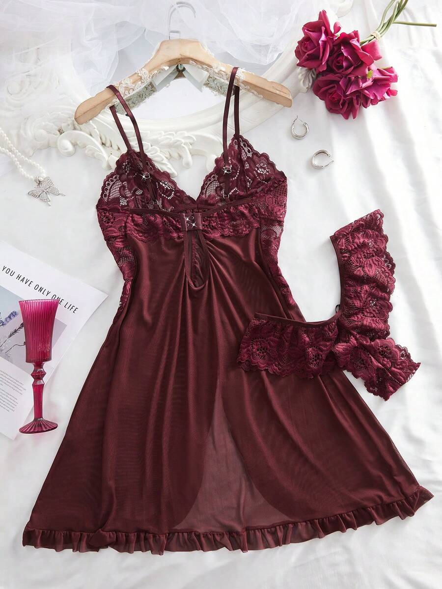 SHEIN V طقم ملابس داخلية قطعتين من الدانتيل والشبك بياقة