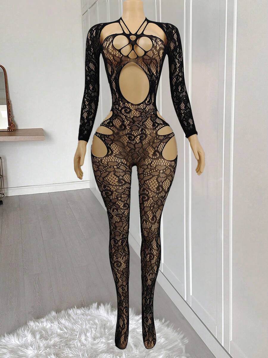 SHEIN ChaseTheNight بدلة شبكية مثيرة شفافة سوداء