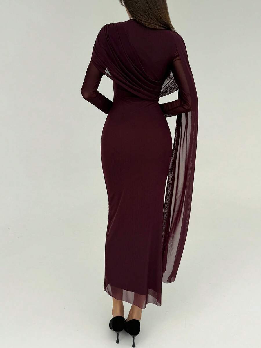 SHEIN Aloruh فستان ارجواني ضيق بأكمام طويلة مكشكشة