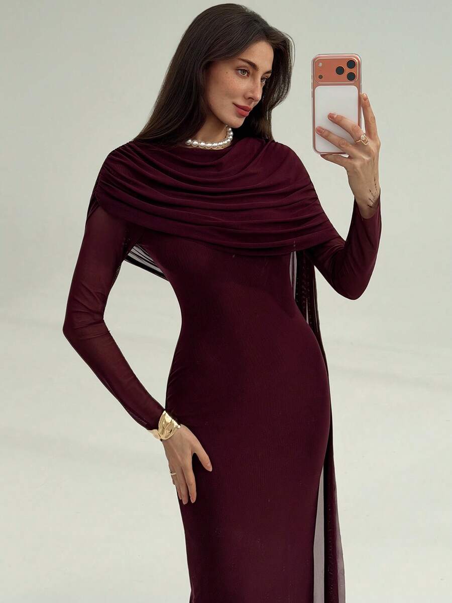 SHEIN Aloruh فستان ارجواني ضيق بأكمام طويلة مكشكشة