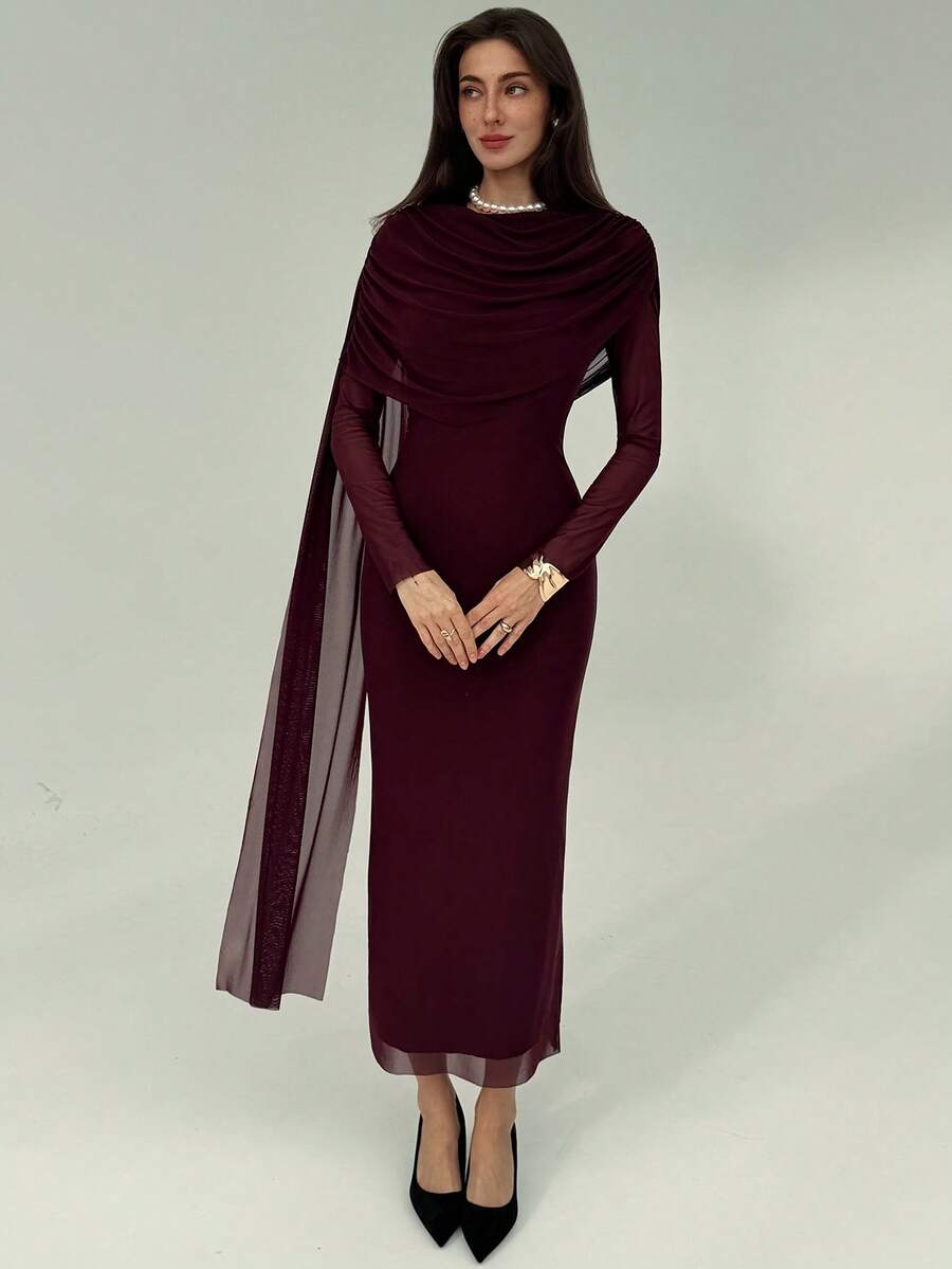 SHEIN Aloruh فستان ارجواني ضيق بأكمام طويلة مكشكشة