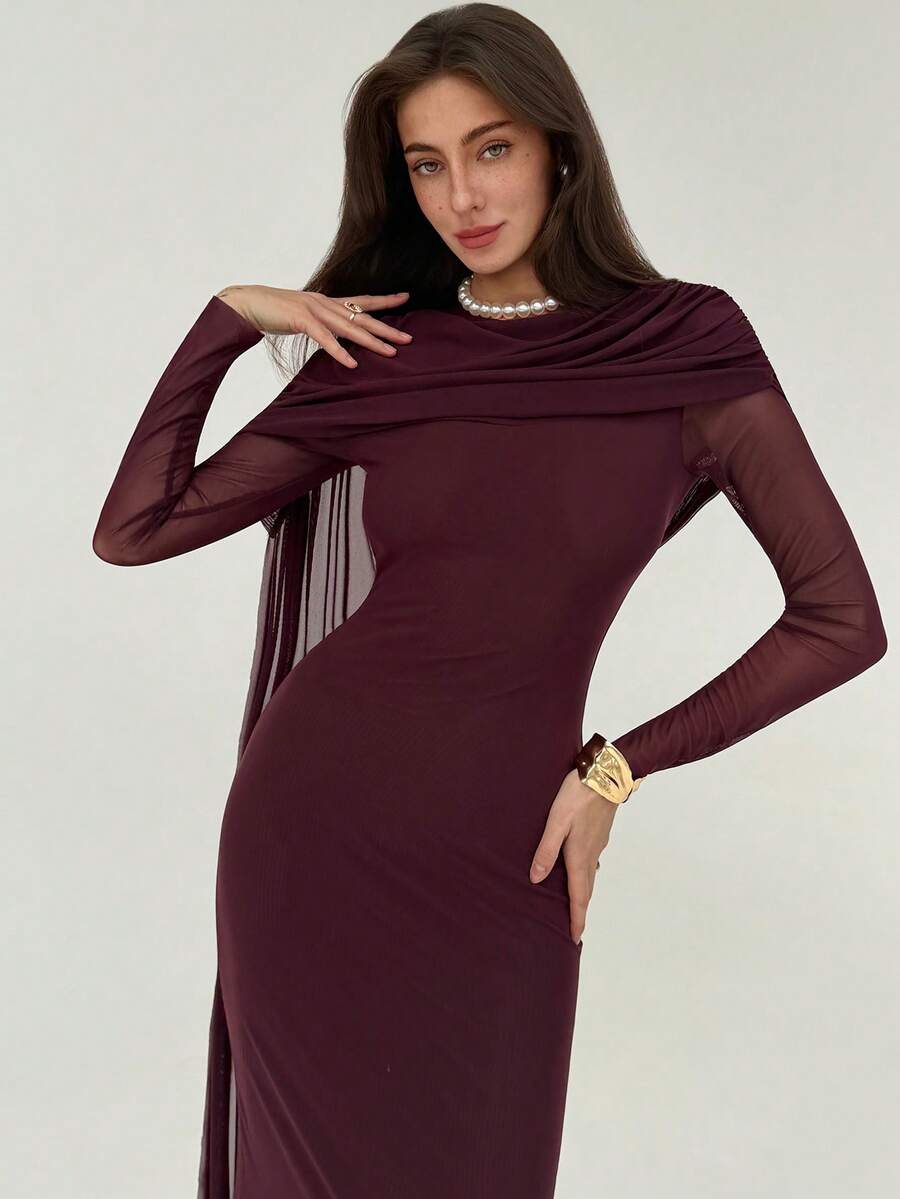 SHEIN Aloruh فستان ارجواني ضيق بأكمام طويلة مكشكشة