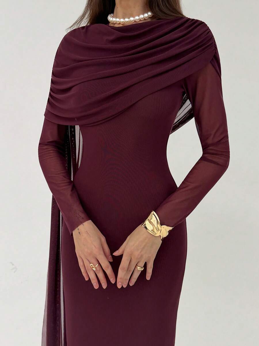 SHEIN Aloruh فستان ارجواني ضيق بأكمام طويلة مكشكشة