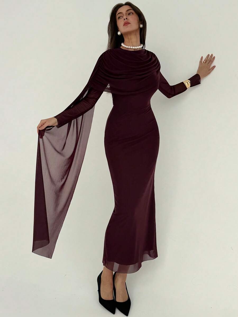 SHEIN Aloruh فستان ارجواني ضيق بأكمام طويلة مكشكشة