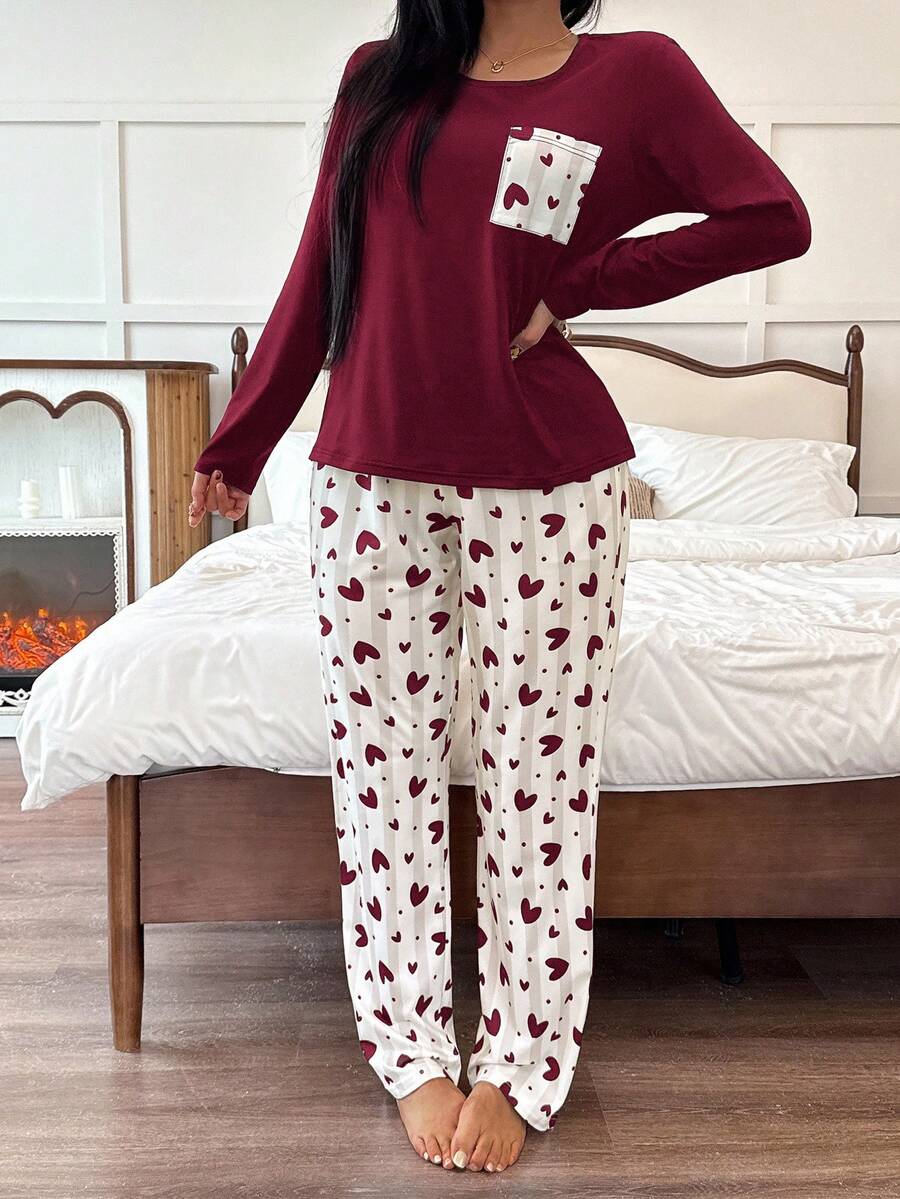 SHEIN طقم بيجامة بأكمام طويلة وطبعة قلوب