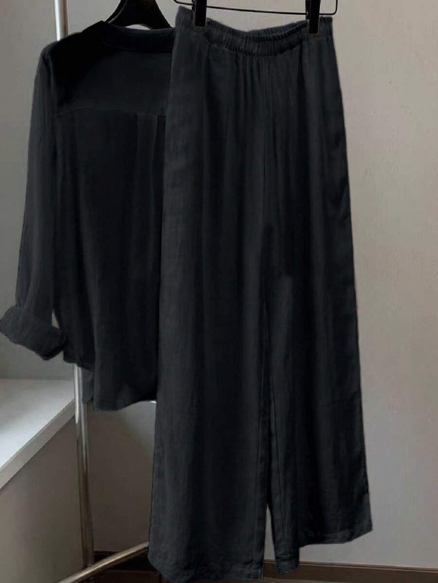 SHEIN Franclia بدلة نسائية كاجوال من الكتان الفاخر قطعتين (قميص بأكمام طويلة + بنطال واسع)