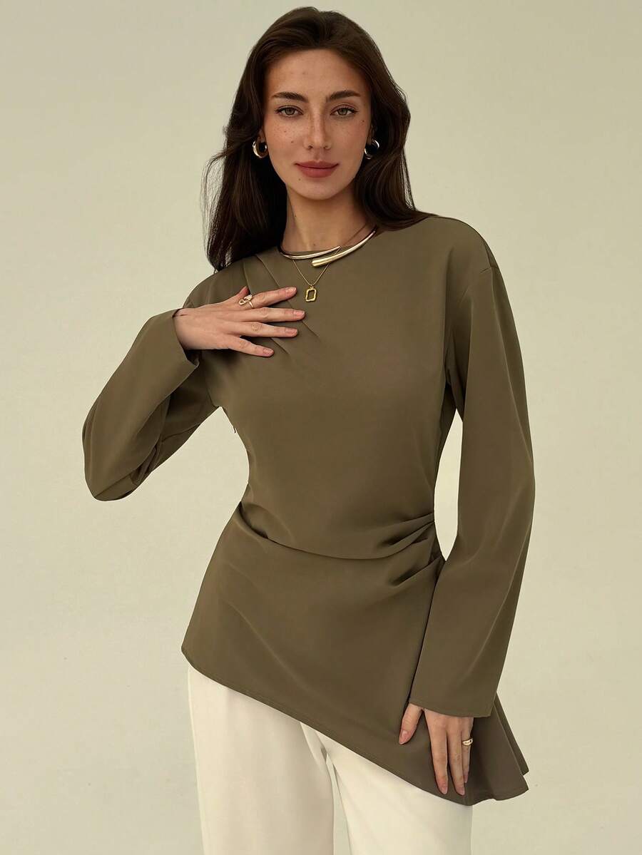 SHEIN Aloruh بلوزة بياقة قارب وأكمام طويلة وحافة غير متماثلة