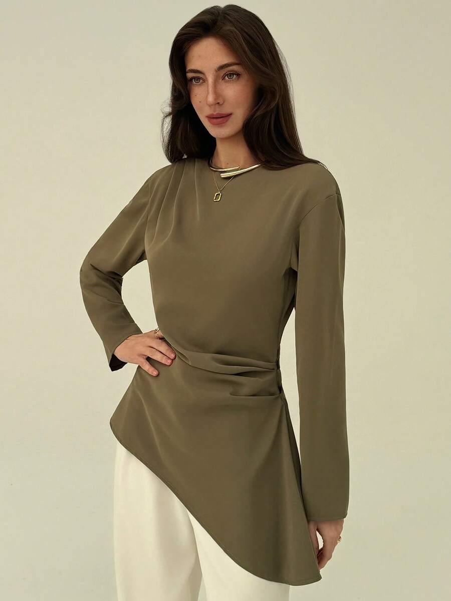 SHEIN Aloruh بلوزة بياقة قارب وأكمام طويلة وحافة غير متماثلة