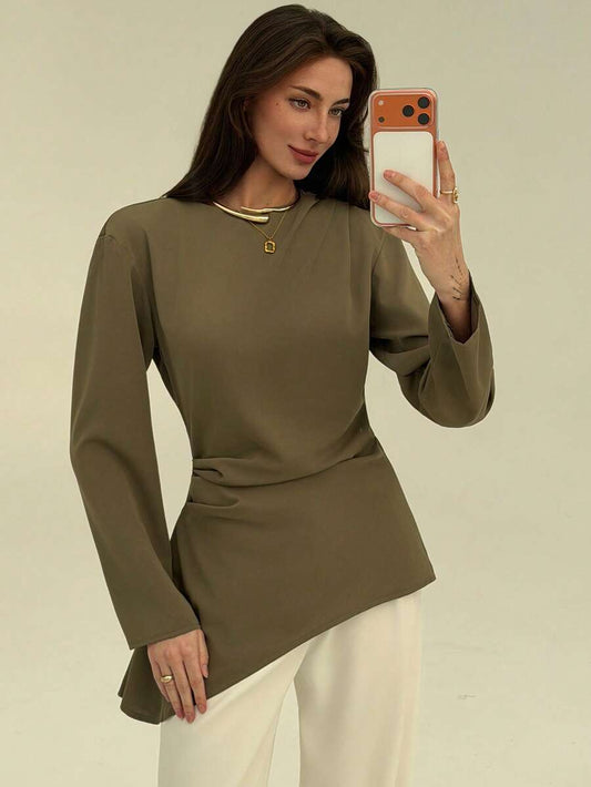SHEIN Aloruh بلوزة بياقة قارب وأكمام طويلة وحافة غير متماثلة