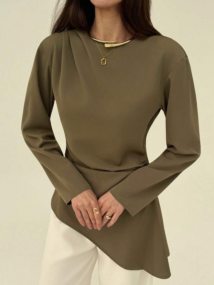 SHEIN Aloruh بلوزة بياقة قارب وأكمام طويلة وحافة غير متماثلة