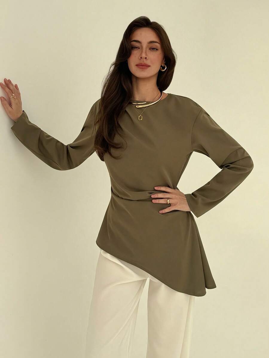 SHEIN Aloruh بلوزة بياقة قارب وأكمام طويلة وحافة غير متماثلة
