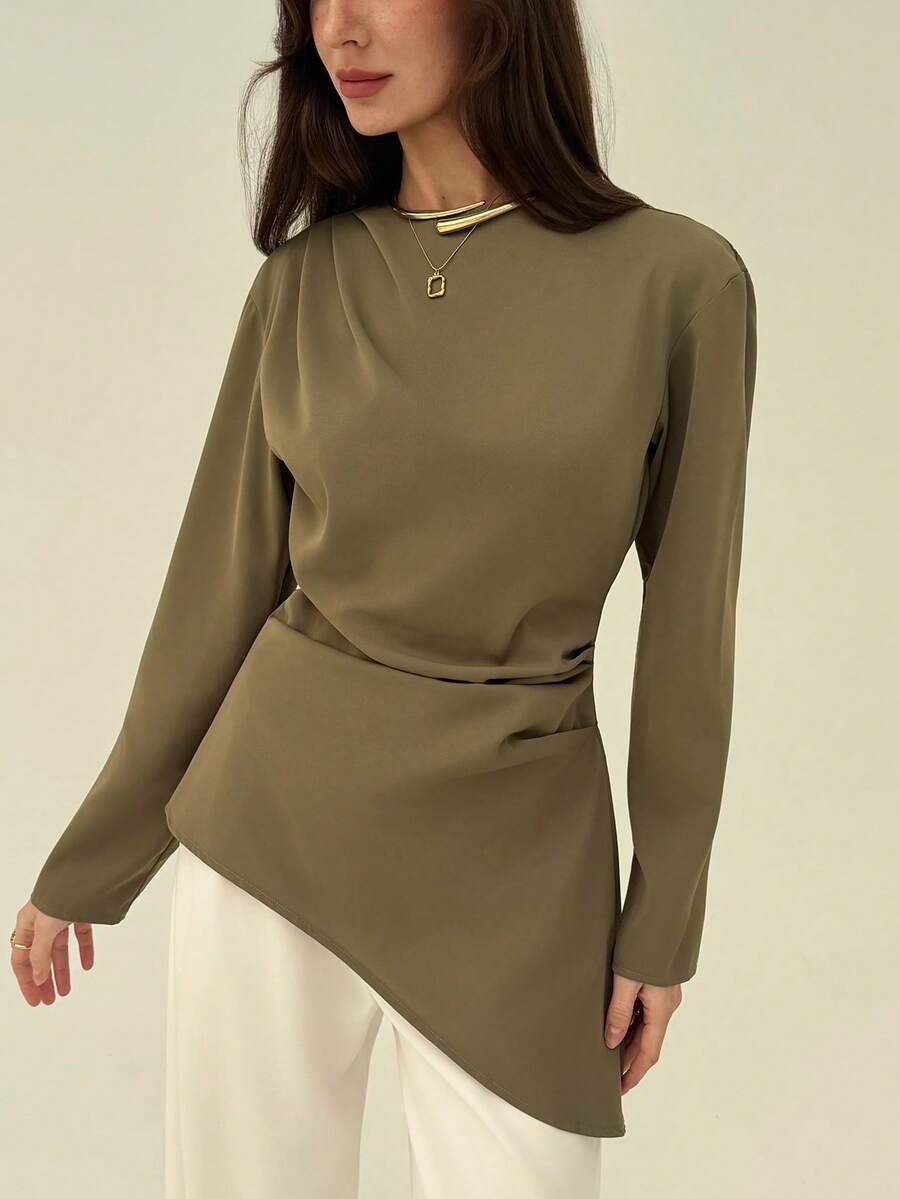 SHEIN Aloruh بلوزة بياقة قارب وأكمام طويلة وحافة غير متماثلة
