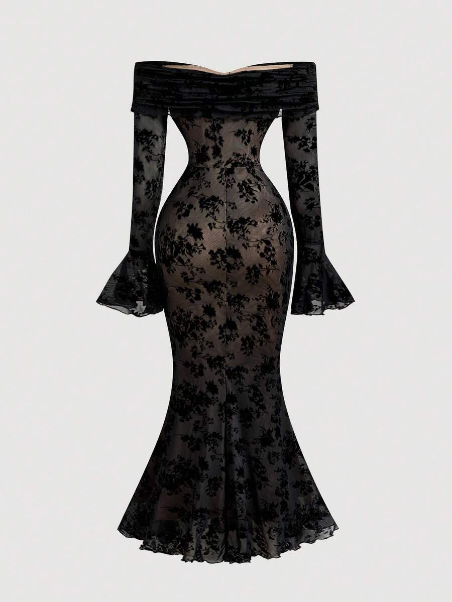 SHEIN MOD فستان أسود طويل ضيق بأكمام واسعة