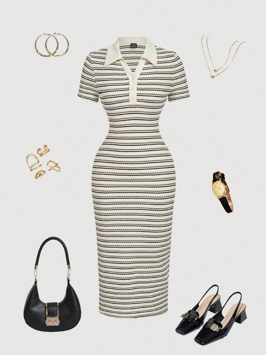 SHEIN MOD فستان متوسط الطول بطوق بولو مخطط