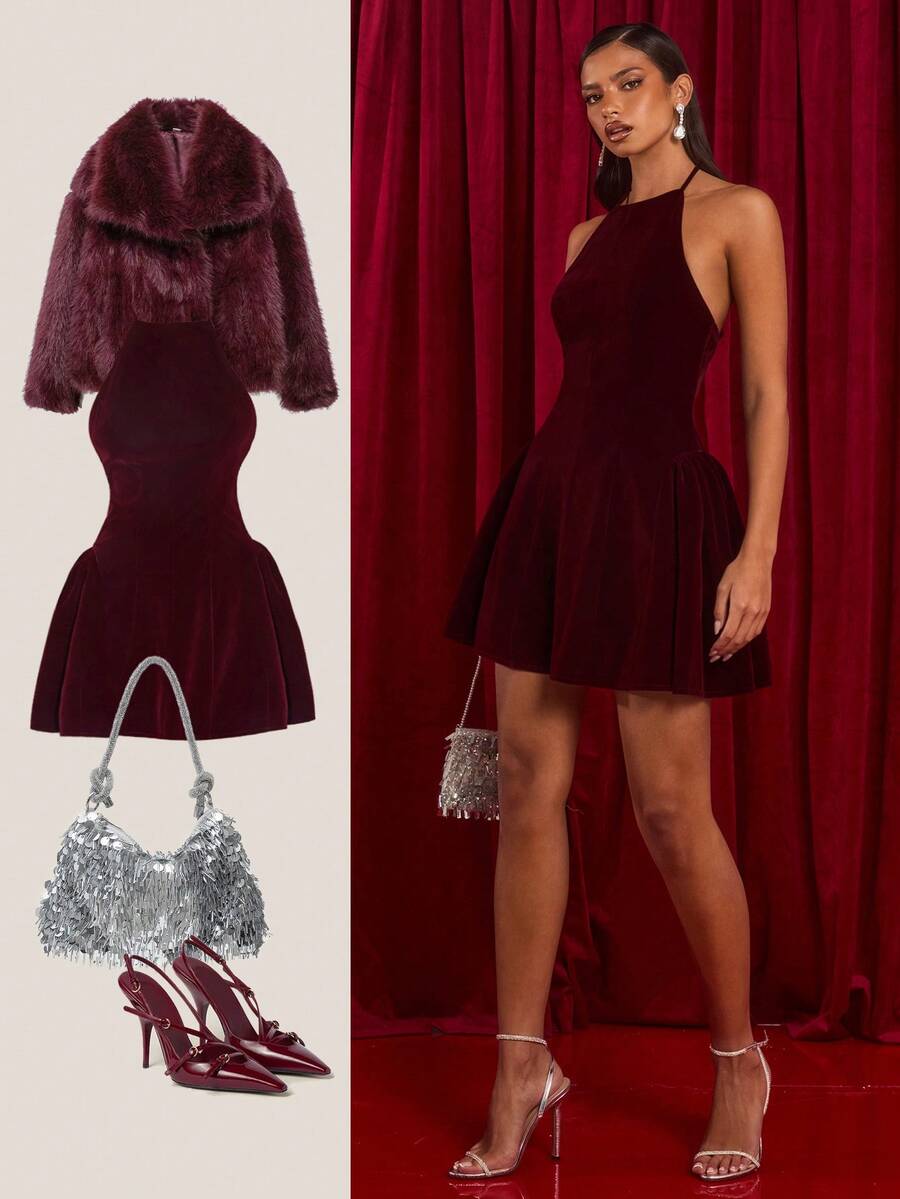 SHEIN Glamine فستان عنابي أنيق بدون أكمام مزين بالكشكشة