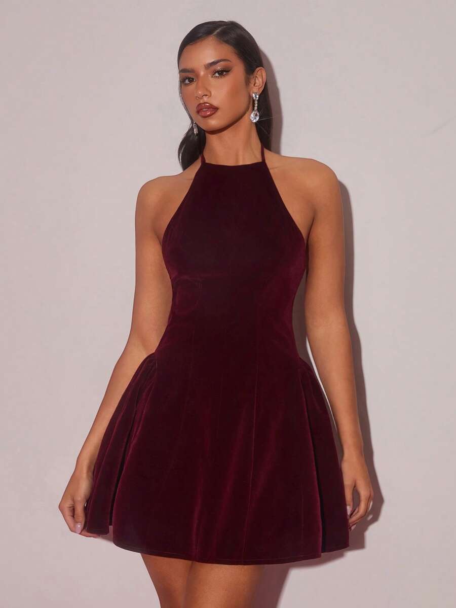 SHEIN Glamine فستان عنابي أنيق بدون أكمام مزين بالكشكشة