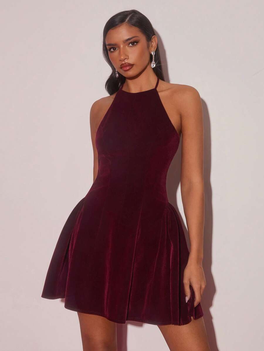 SHEIN Glamine فستان عنابي أنيق بدون أكمام مزين بالكشكشة