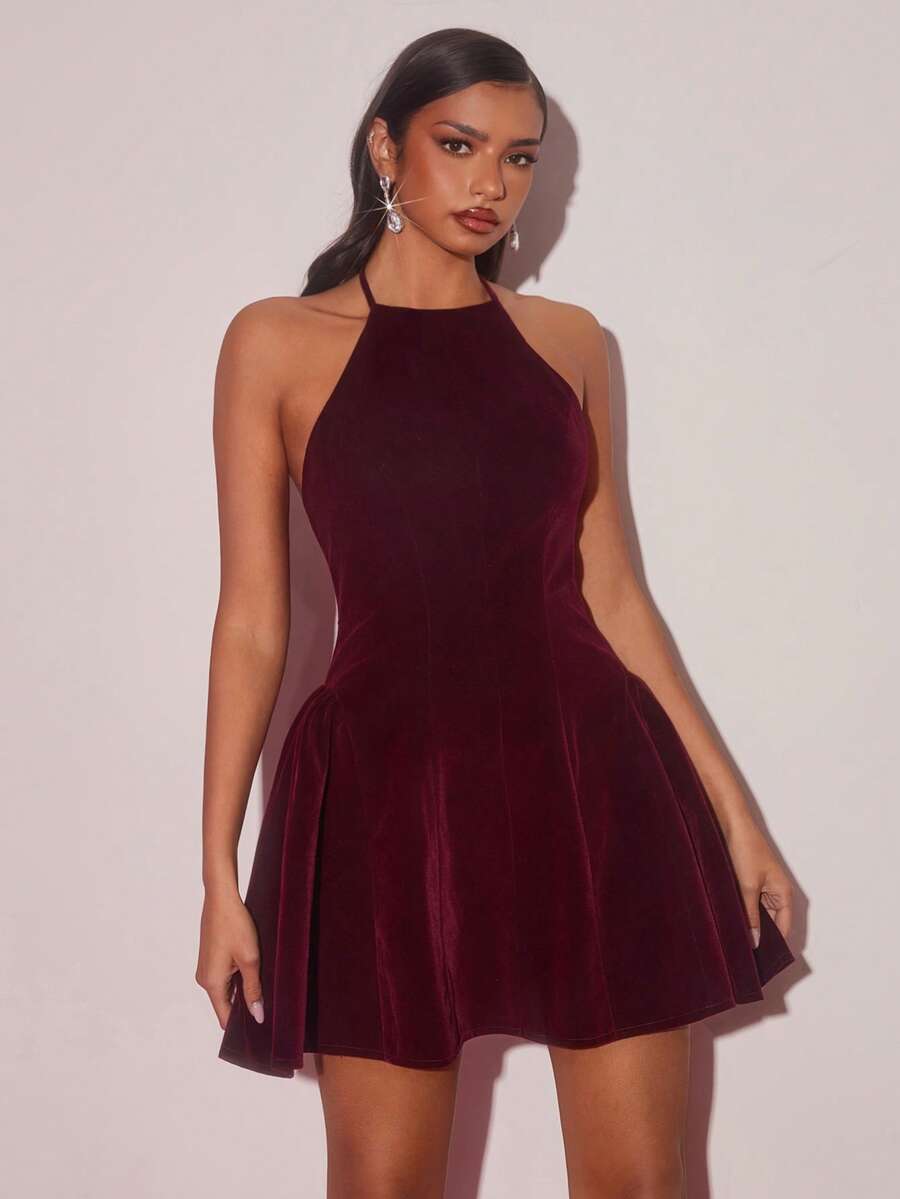 SHEIN Glamine فستان عنابي أنيق بدون أكمام مزين بالكشكشة