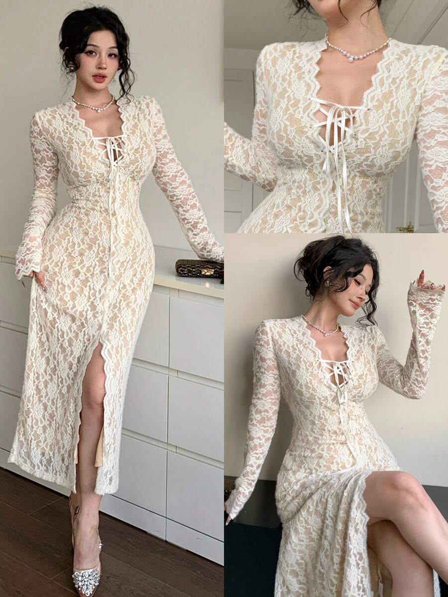 SHEIN Wynsel فستان دانتيل مفرغ بشق عالي وخصر مضبوط وحبل رباط بلون بيج