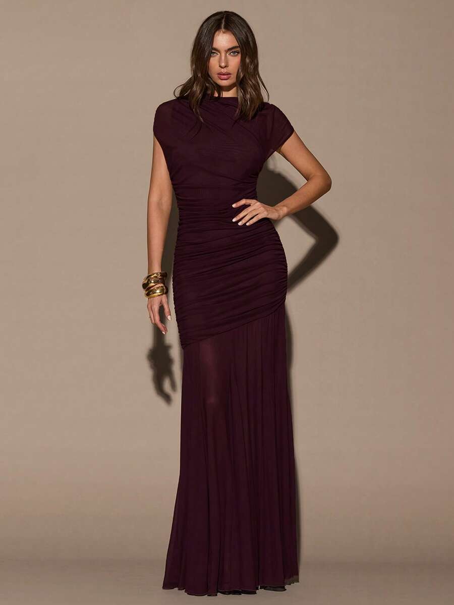 SHEIN BAE فستان عنابي أنيق بدون أكمام بياقة مستديرة