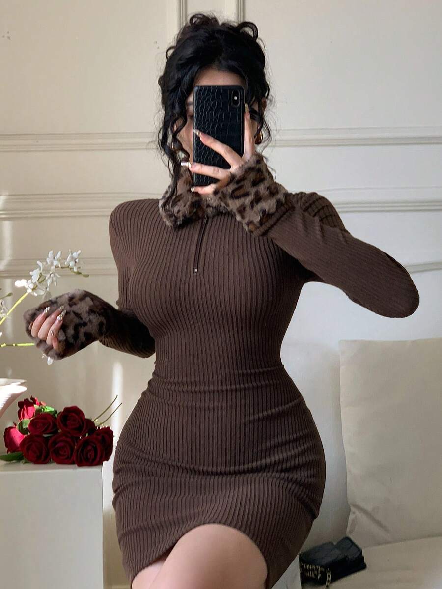 SHEIN DAZY فستان بني ميني بطبعة نمر وياقة فرو مزيف