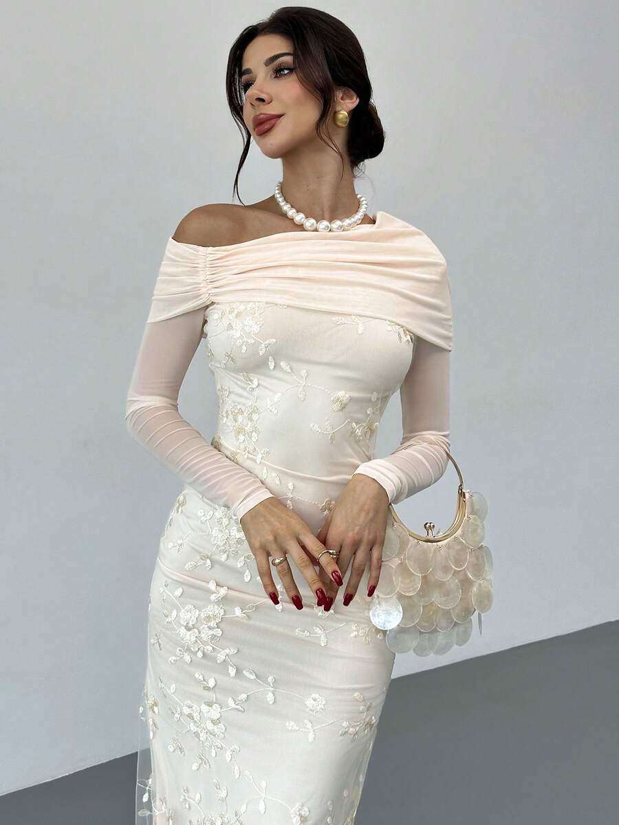 SHEIN Scot Louie Firerie فستان ضيق مطرز بشبك بأكمام طويلة