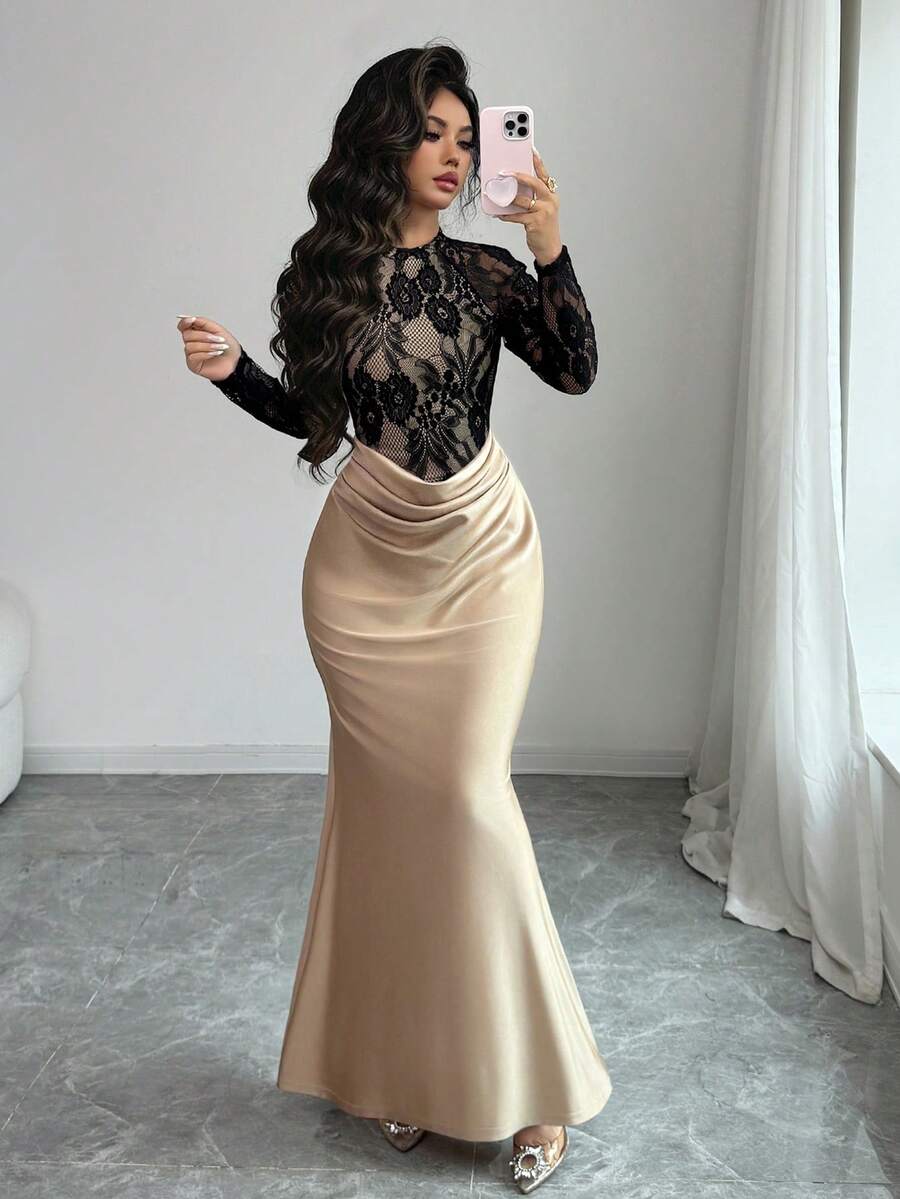 SHEIN Elenzya فستان أنيق بتصميم ذيل السمكة بتباين الألوان ودانتيل
