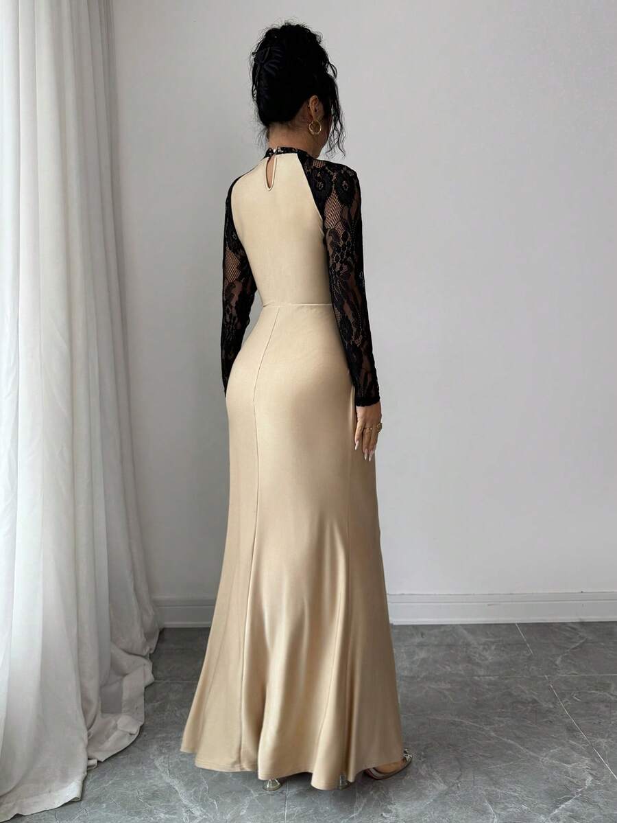 SHEIN Elenzya فستان أنيق بتصميم ذيل السمكة بتباين الألوان ودانتيل