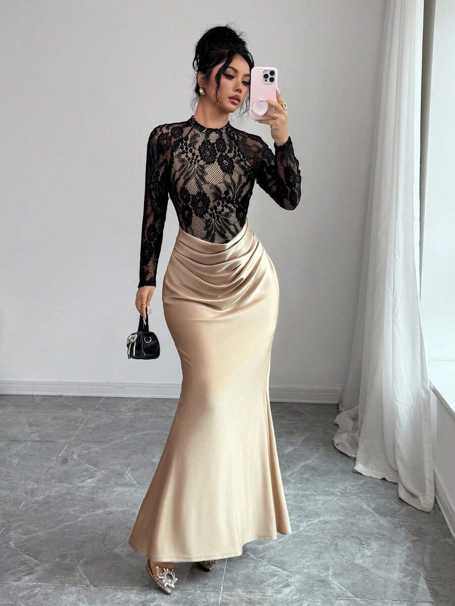 SHEIN Elenzya فستان أنيق بتصميم ذيل السمكة بتباين الألوان ودانتيل