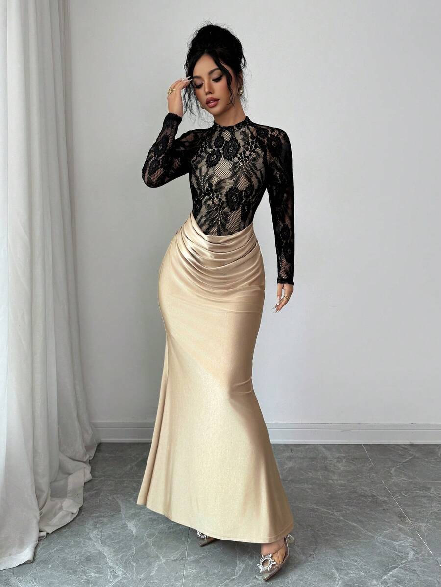 SHEIN Elenzya فستان أنيق بتصميم ذيل السمكة بتباين الألوان ودانتيل