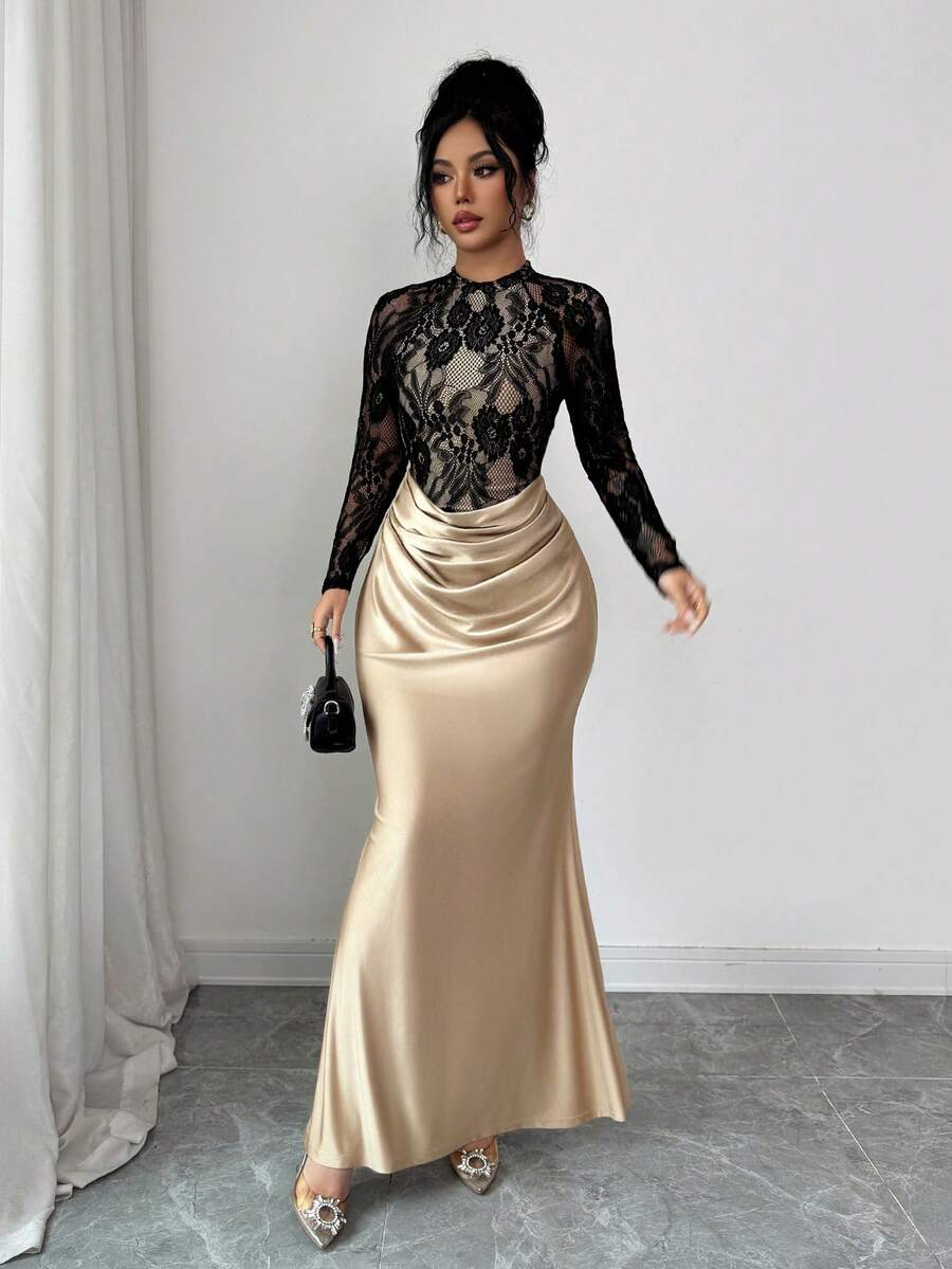 SHEIN Elenzya فستان أنيق بتصميم ذيل السمكة بتباين الألوان ودانتيل