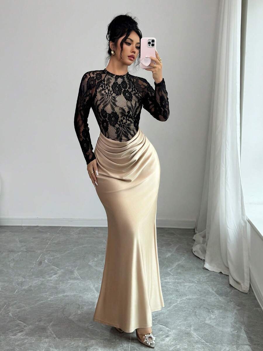 SHEIN Elenzya فستان أنيق بتصميم ذيل السمكة بتباين الألوان ودانتيل