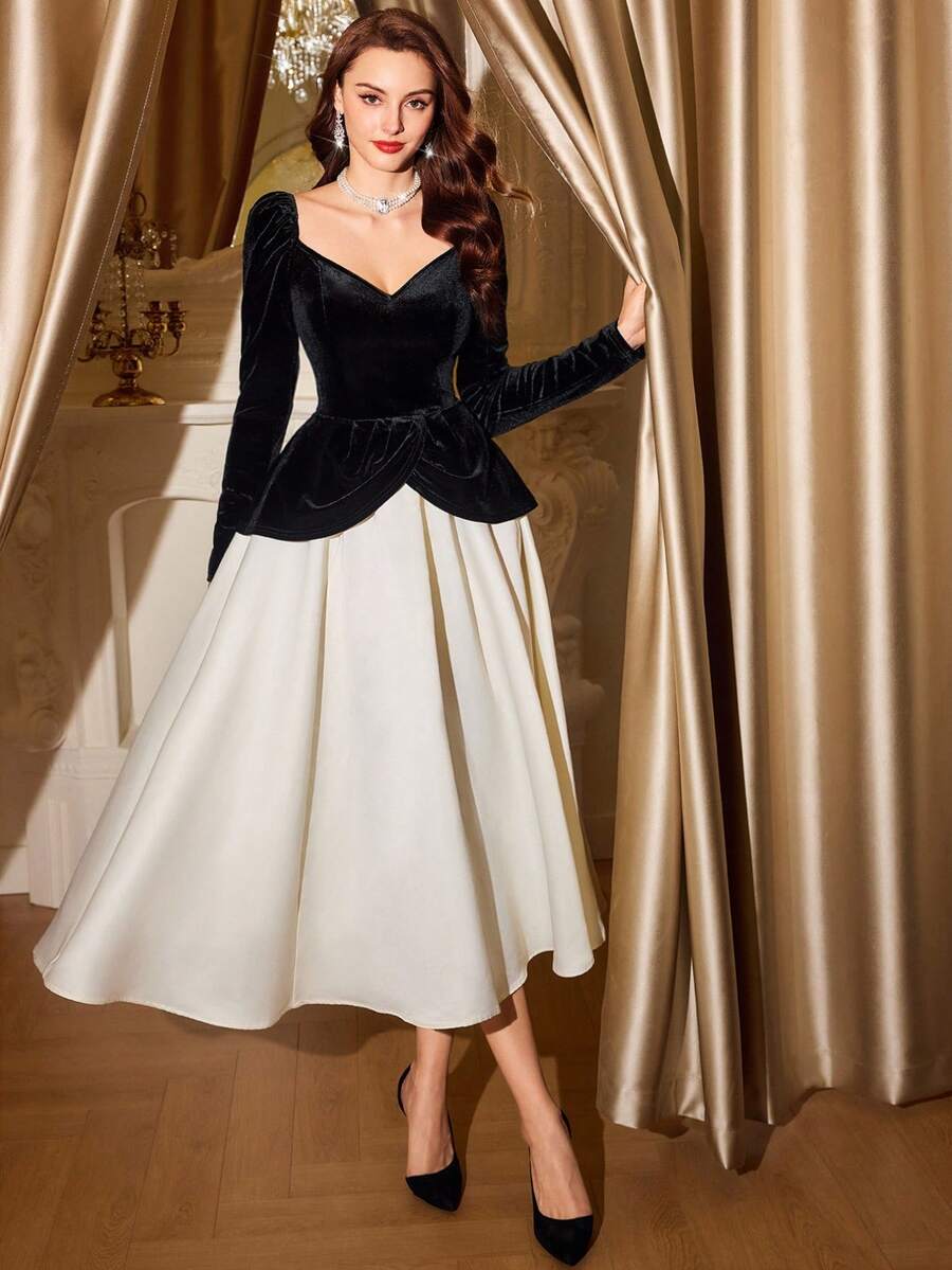 SHEIN Vintamour فستان أبيض وأسود ساتان وقطيفة بتصميم قلب وزهور