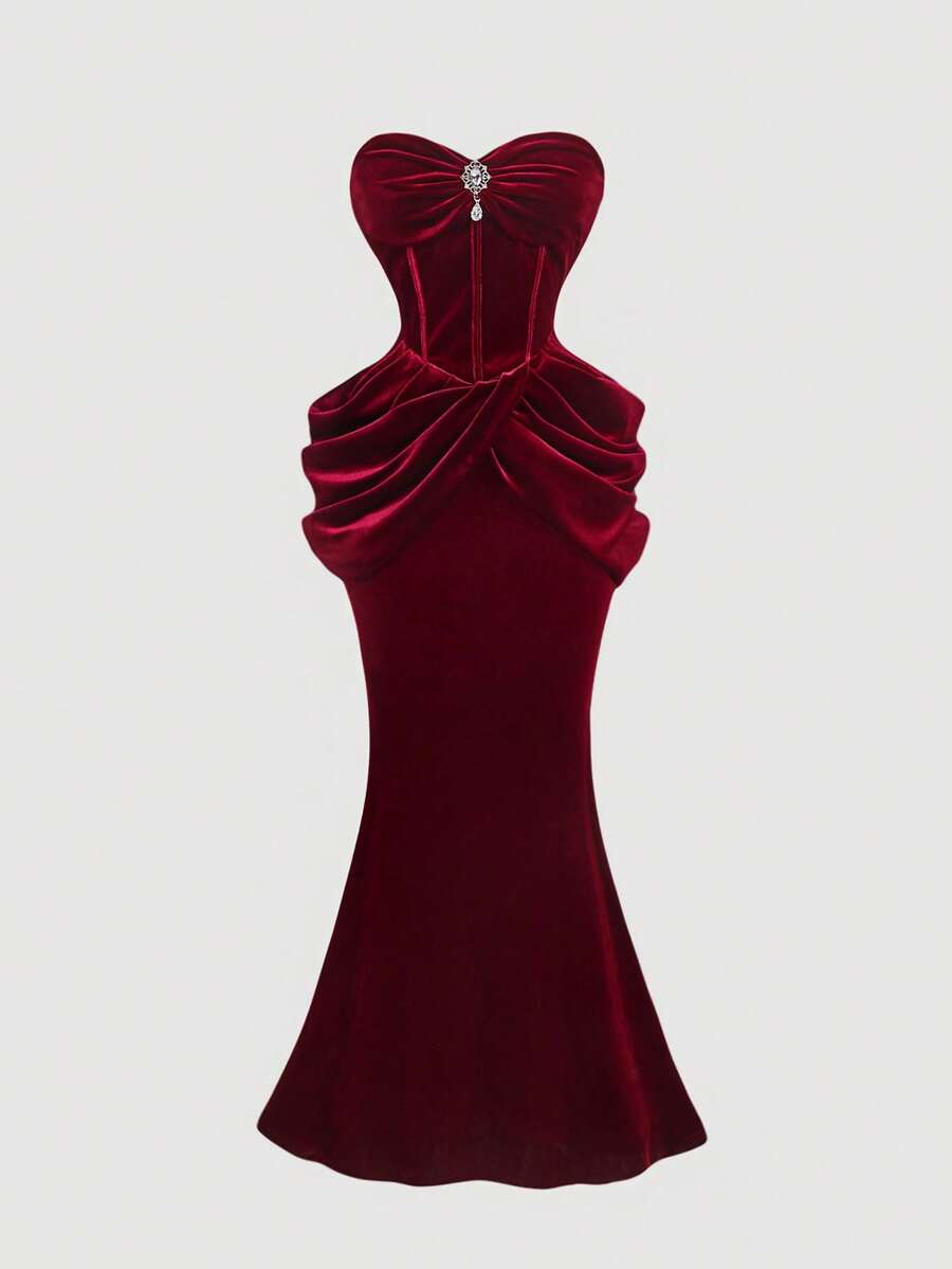 SHEIN MOD فستان حفلة عنابي أنيق مطوي بوردو